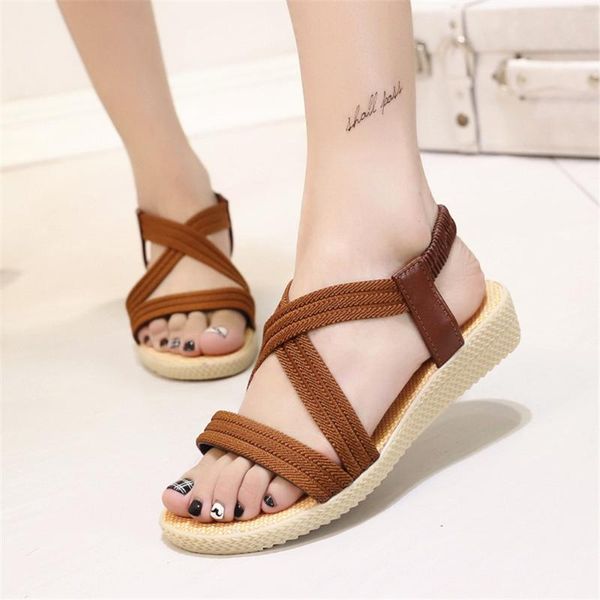

summer women wedge sandals ankle elastic cross strap roman sandals shoes woman sandalias mujer 2019 lady flats zapatos de mujer, Black