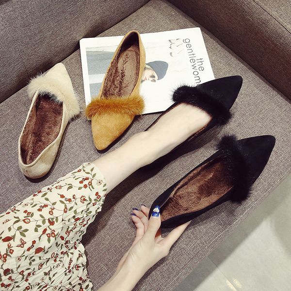 

winter shoes women loafers with fur shallow mouth pointed toe women's moccasins female footwear casual sneaker slip-on new, Black