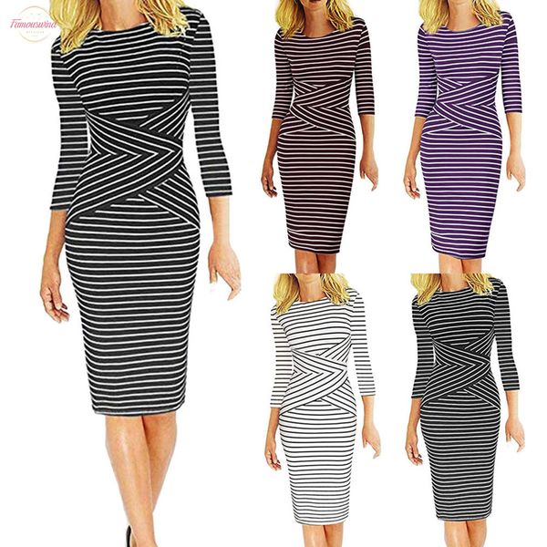 

women sheath pencil dress and flarethree quarter sleeve striped work wear business cocktail pencil dress, Black;gray
