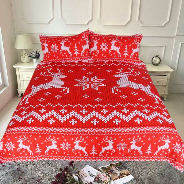 

red christmas bedding set deer printed duvet cover with pillowcases xmas bedclothes twin  king size white color 3pcs