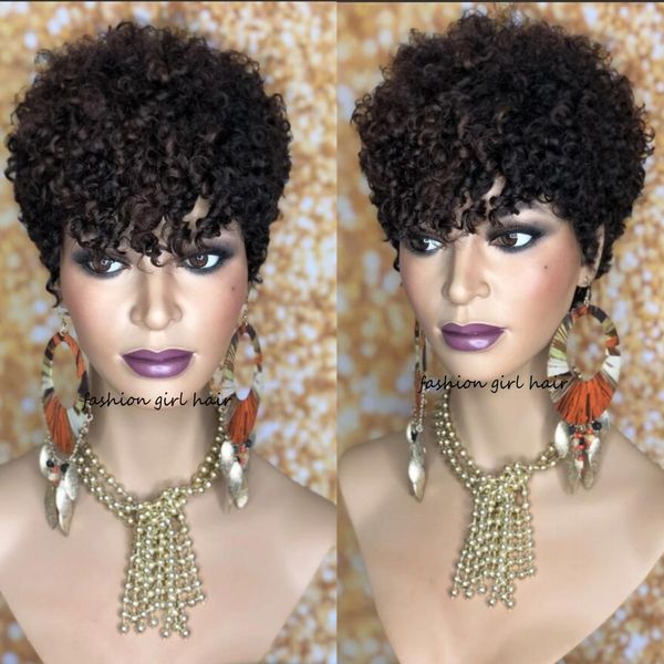 

short sassy curl pixie cut wig kinky curly bob human hair wigs for women brazilian remy 150% full density, Black;brown