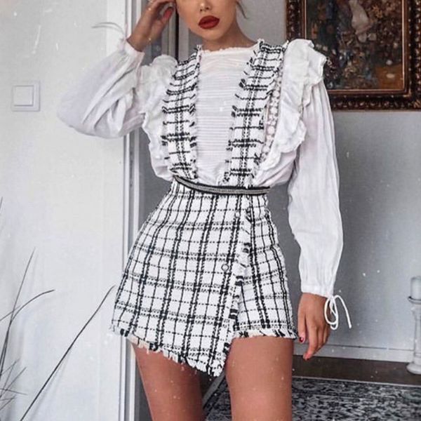 

mossha asymmetry vintage high waist tweed skirts womens 2019 autumn winter fringe strap button culottes female party skirt, Black;gray