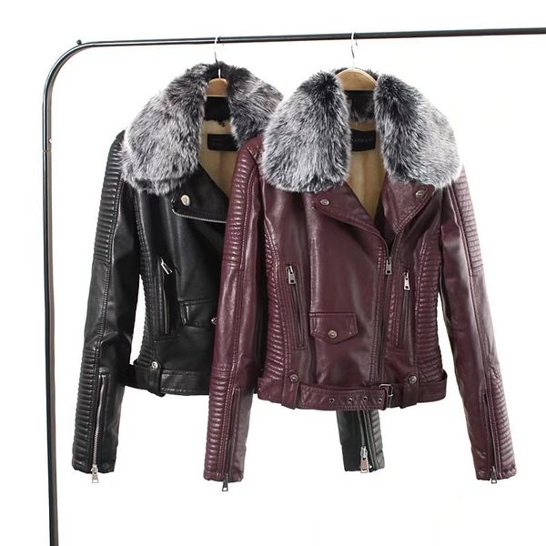 

women's leather & faux s- women plus velvet warm jacket coat moto& biker solid fur collar short pu jacketsouterwear high quality, Black