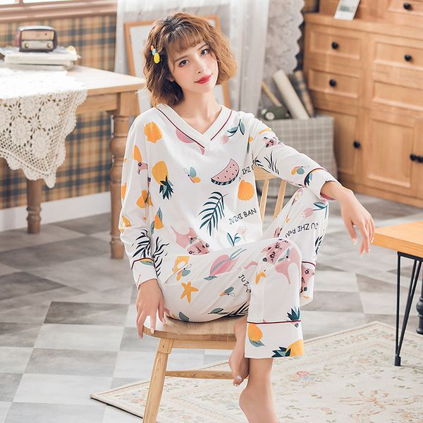 

2020 new spring and autumn 100% cotton ladies sweater v-neck pullover long sleeve trousers pajamas suit loose home service women, Black;red