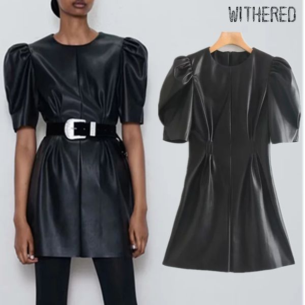 

withered autumn leather dress women high street vintage puff sleeve o-neck dressed as a noche fiesta in mini dress, Black;gray