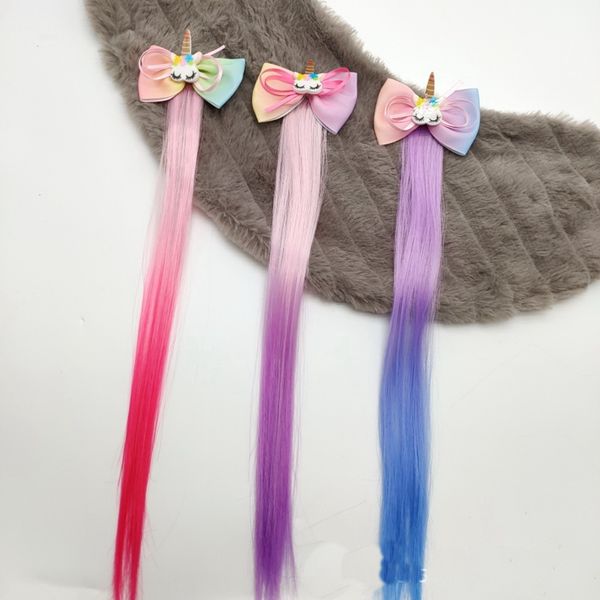 

hair extensions wig for kids girls ponytails unicorn rainbow head bows clips bobby pins hairpin barrette accessories 0123, Slivery;white