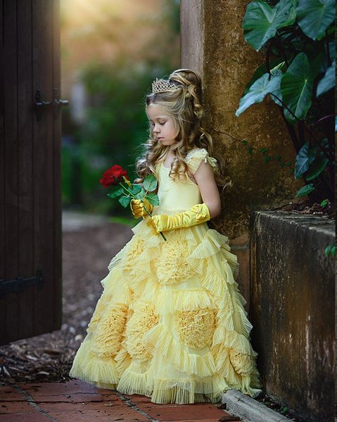 

cute yellow flower girl dresses jewel ruffles petaline girls evening party communion prom dress kid pageant dresses plus size robes m4, White;blue