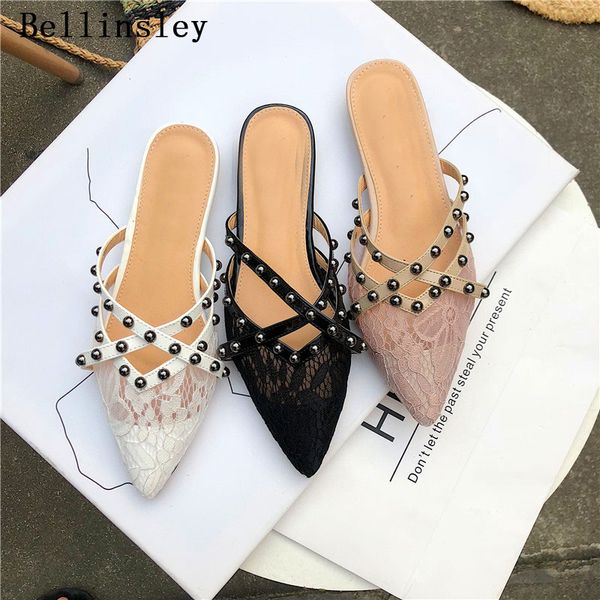 

2019 new summer women's shoes lace pointed toe rivet slippers slip on flat heels mules slippers outside woman slides sandals, Black