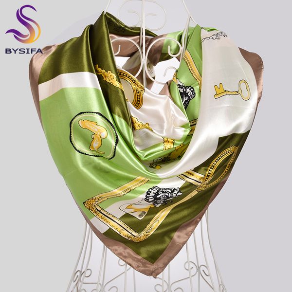 

bysifa] ladies green coffee square scarves printed women elegant satin large silk scarf shawl 90*90cm winter neck head scarf, Blue;gray