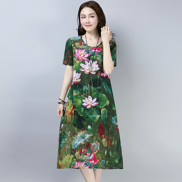 

2019 new summer cotton linen dress women's ethnic style casual loose chic lotus print long dress for women vestidos femininos, Black;gray