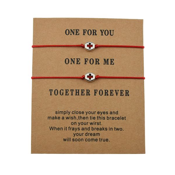 

2pcs/set red cross medical first aid kit charm adjustable string bracelets for women men doctor nurse couple lover jewelry gifts, Golden;silver