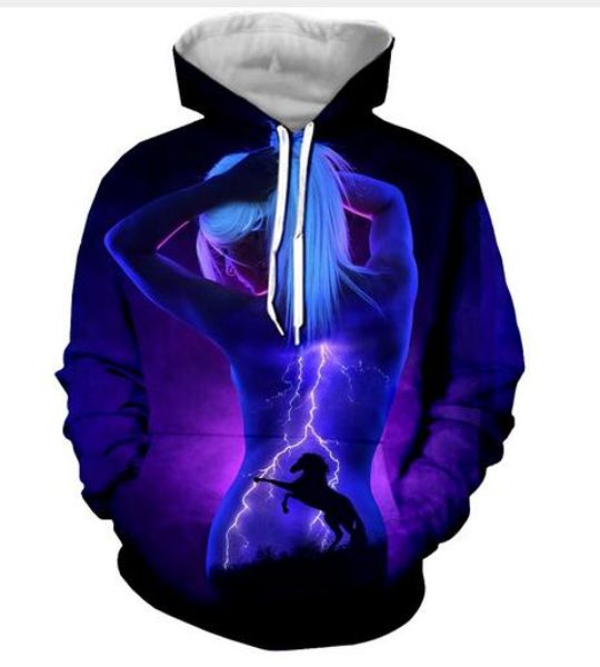 

новая мода толстовки лошадь освещение сексуальная девушка 3d печати мужчины женщины спорт толстовка дизайнер балахон пуловер с длинным рукав, Black