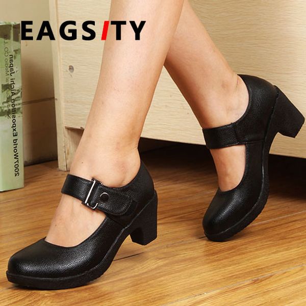 

eagsity mary jane shoes women casual block heel dancing shoes party ankle strap round toe pumps uniform cosplay janpan style, Black