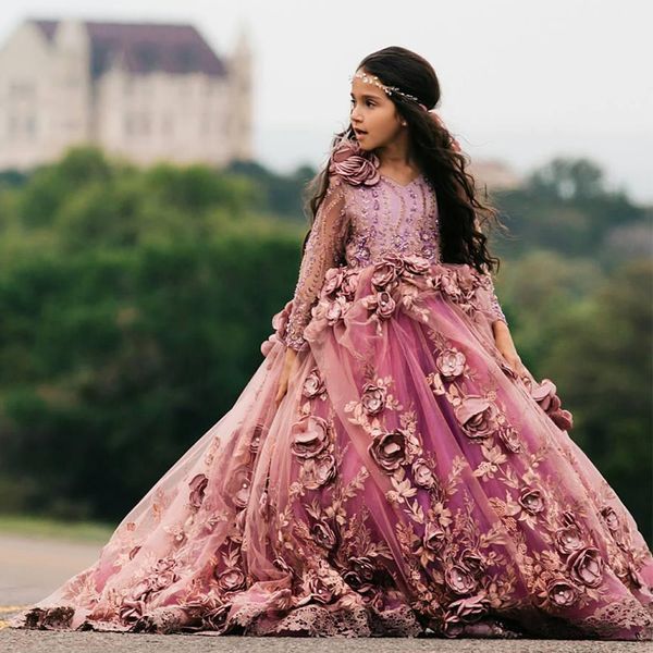 

girls pageant dress with 3d flowers sparkly sequin beads long sleeves flower girl dresses fluffy applique ball gown birthday dress, White;red