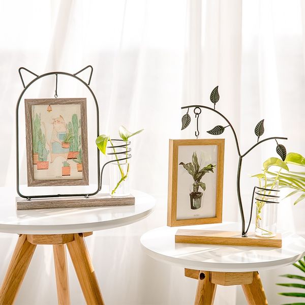

nordic double-sided wooden p frame hanging picture iron display stand with vase deskdecoration home decor 6 inch