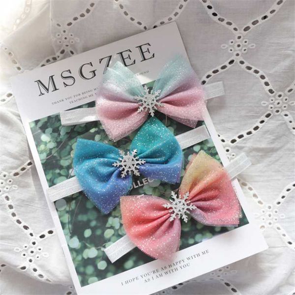 

8pcs/lot new girls fantasy yarn big bow snowflake hairbands princess sweet elastic headband kids fashion hair accessories, Slivery;white