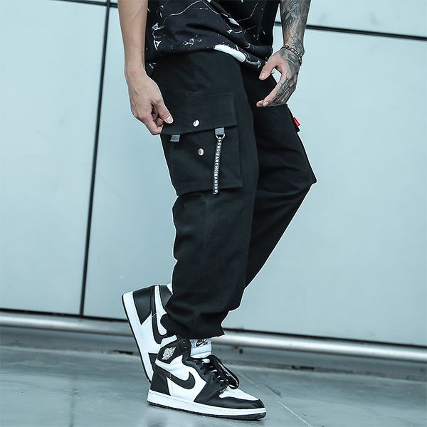 

men's pants hip hop ribbons cargo 2021 mens streetwear baggy pockets joggers harem korean designer loose sweatpants ins, Black
