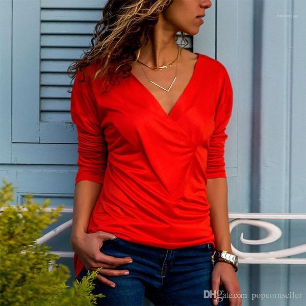 

t shirts european and american solid color v neck long sleeved drape slim tees loose female clothing fashion designer women, White