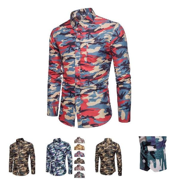 

men shirt lapel long sleeve camouflage printing casual front button for business party 88, White;black