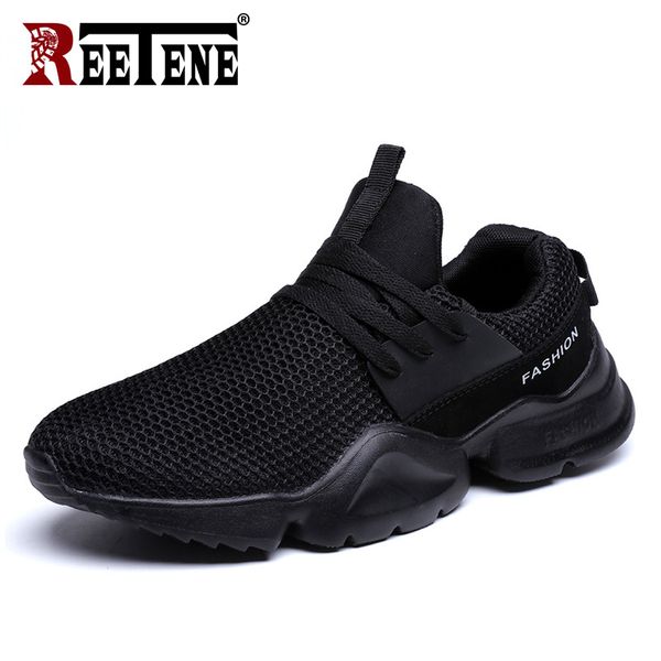 

reetene casual shoes men 2019 breathable mesh men sneakers light summer shoes lace-up flat trainers chaussure homme, Black