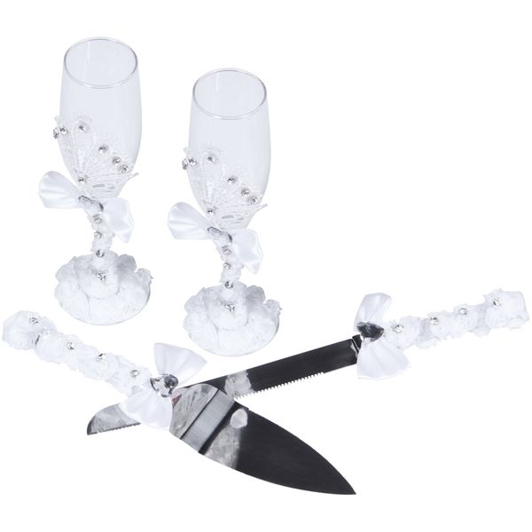 

hho-1 pair wedding bridal shower gift wedding lace champagne toasting glasses set lace wedding wine cup +lace cake knife dinnerware sets