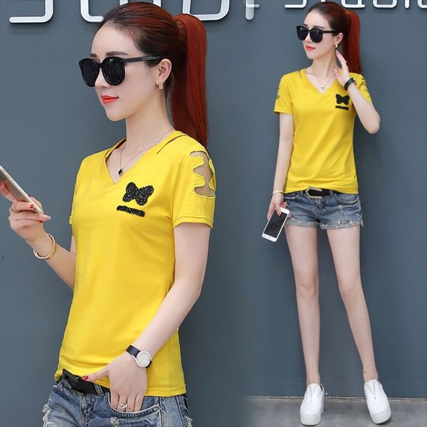 

short-sleeved t- 2020 summer v-neck women's slim and t- shirt versatile women's cotton base shirt fashion, White