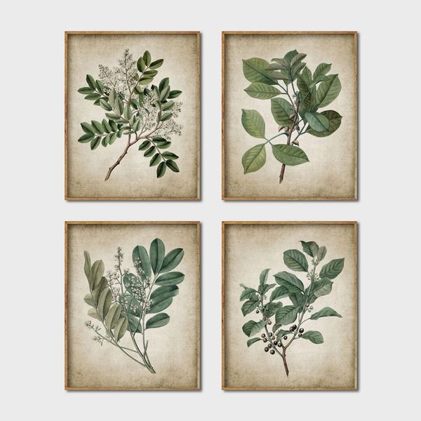 

green plant wall art prints retro poster , vintage leaves canvas painting print botanical art decor wall picture home decoration