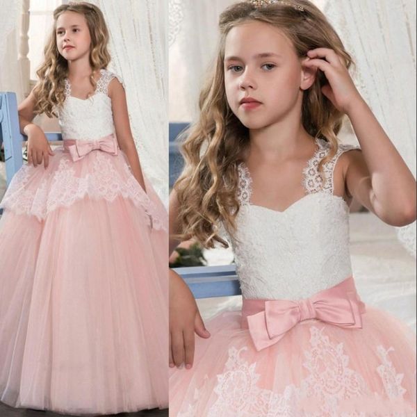 

2019 princess white lace pink flower girl dresses lovely ball gown party wedding girls dresses with bow sash mc1791, White;blue