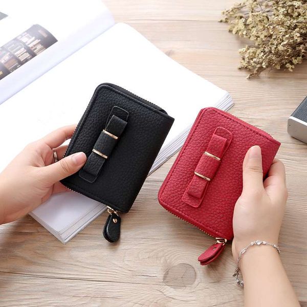 

women's short leather wallets bow decoration card holder coin purse zipper elegant clutch wallet fashion gift, Red;black