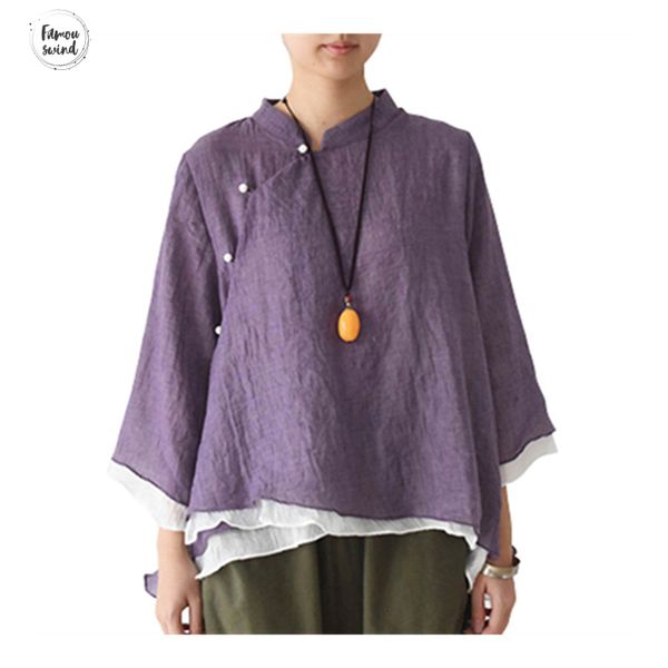 

китайские блузы женщина стиль стенд воротник рубашки вскользь stand collar 2019 spring new сыпучий vintage tops краткой непостоянная рубашки, White