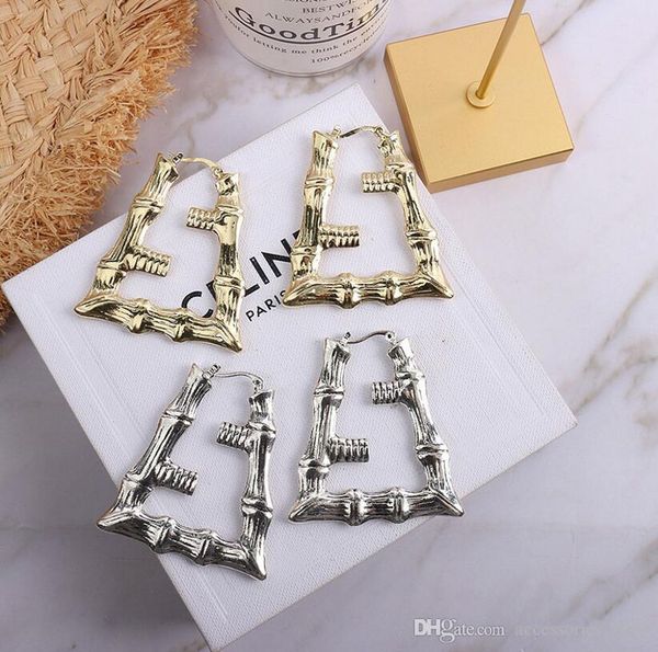 

european and american exaggerated gold and silver 2 color bamboo earrings net red big circle cool hip-hop earrings retro triangle alphabet e, Golden;silver