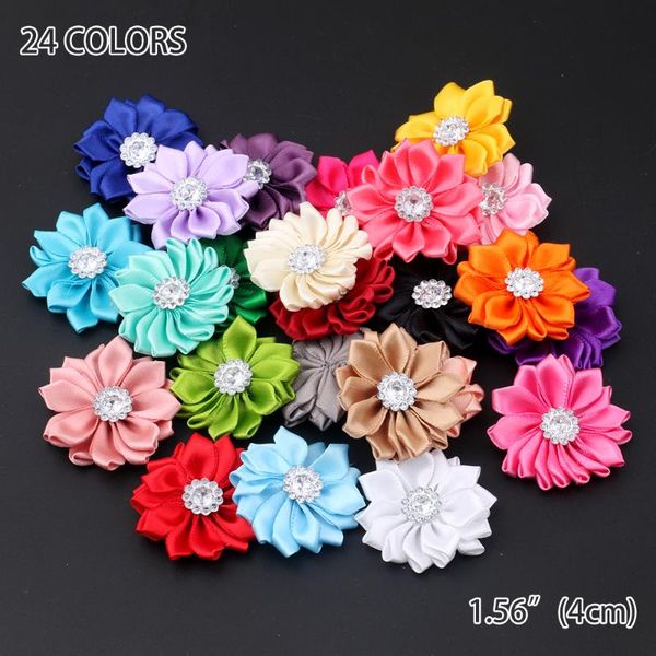 

50pcs/lot 16 petaled rosette satin ribbon flowers with acrylic button used for diy headband clips hair accessories, Slivery;white