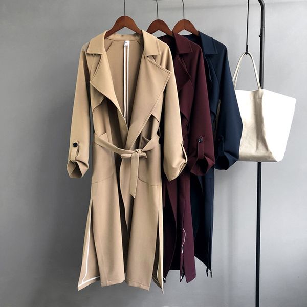 

new long women belt trenches knee length fashion asymmetric high street coats slim waisted casual trenches midi wine red, Tan;black