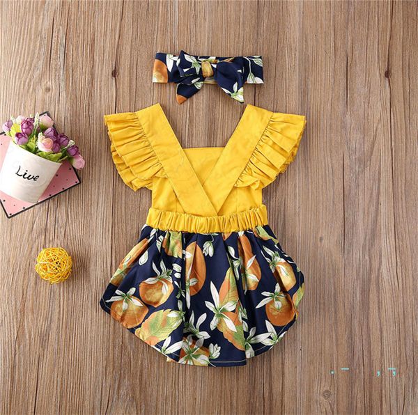 

kids girls rompers dress with headband coveralls halter skirt ruffled sleeves suspenders jumpsuits bodysuits headbands two pieces set e33002, White