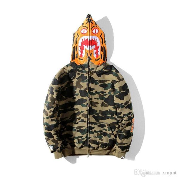 

male and female tiger head shark hoodie camouflage and velvet hoodie embroidered loose pullover new style wholesale, Black