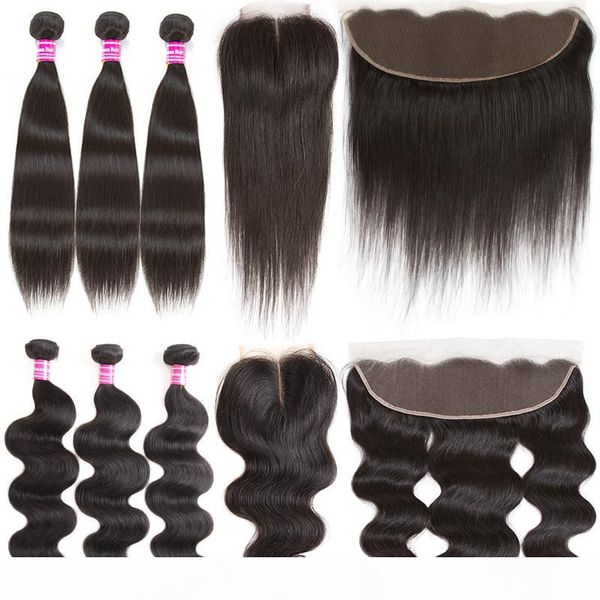 

remy human hair weft with frontal weaves closure brazilian unprocessed virgin hair body wave 13x4 ear to ear lace closure with 3hair bundles, Black