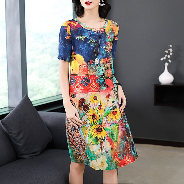

new summer 2019 women national style floral silk dress elegant round neck short sleeve knee-length dresses vestidos designer clothes, Black;gray