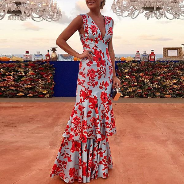 

fashion v-neck ruffles floral print dress women sleeveless straps party maxi dress a-line summer dress, Black;gray