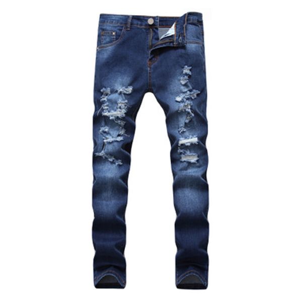 

fashionable avant-garde men's ripped jeans worn out stretch dark slim denim trousers are a hit on style, Blue