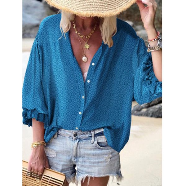 

autumn'swomen's loose-end long-sleeved printed shirt v-neck polka dot red pink yellow green blue women blouses, White