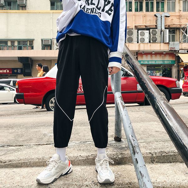 

2018 korean autumn men's fashion tide striped zipper decorate pants elastic waist loose casual black/grey color trousers m-2xl