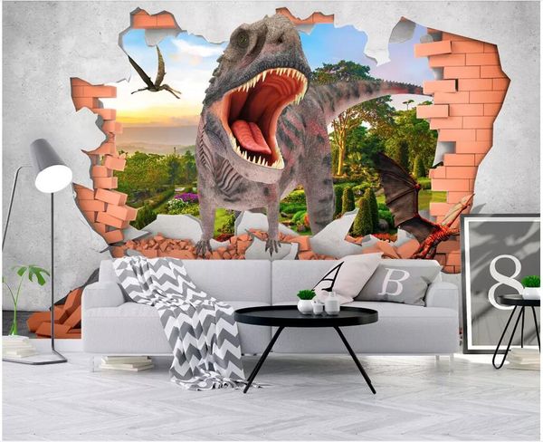 

wdbh 3d wallpaper custom p cartoon dinosaur breaking wall background children's room home decor 3d wall murals wallpaper for walls 3 d