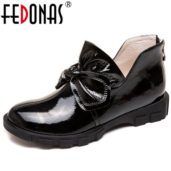 

fedonas classic round toe zipper short boots winter butterfly knot women ankle boots cow patent leather casual party shoes woman, Black