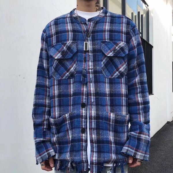 

привет streetwears мужчины генри воротник кисточки хем плед повседневная длинные рукава вокруг шеи рубашки для мужчин, White;black