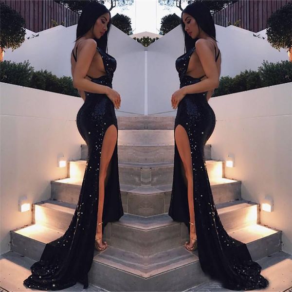 

Sexy High Thigh Split Black Sequined Evening Dresses Celebrity Red Carpet Gowns Mermaid Backless Long Prom Dresses 2019
