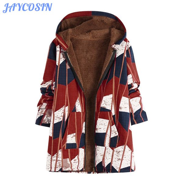 

jaycosin clothes women boho print winter warm thick hooded coat female vintage plus velvet long coats and jackets women 1108, Black