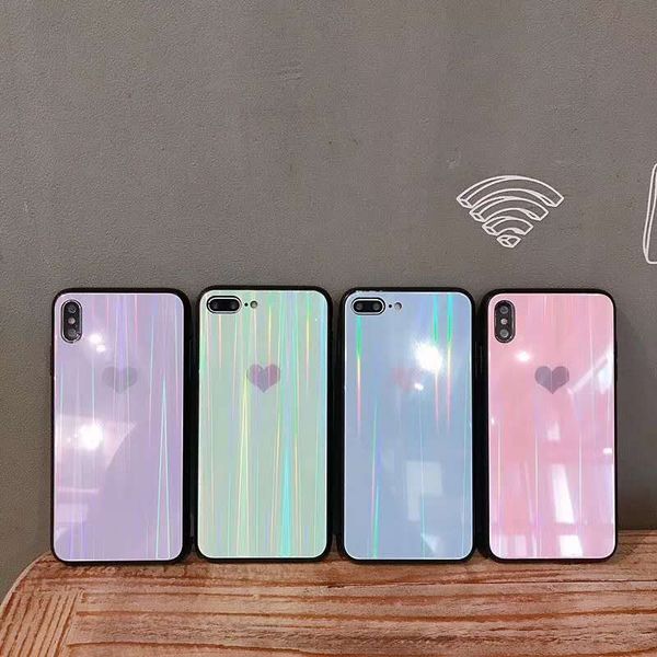 

2019 for iphone 7 glass case laser aurora tempered glass for iphone x case heart shape phone case