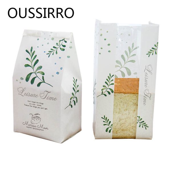 

10pcs green leaf bread toast bag transparent open window laminating kraft paper packaging oil proof baking cookies bags