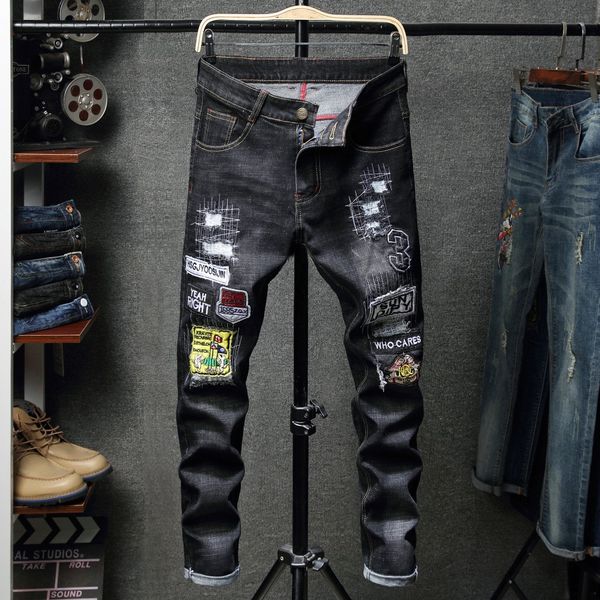 

2019 new jeans men's distressed ripped tight pants luxury clothes slim motorcycle moto biker hip hop ripped tight men's jeans a214, Blue