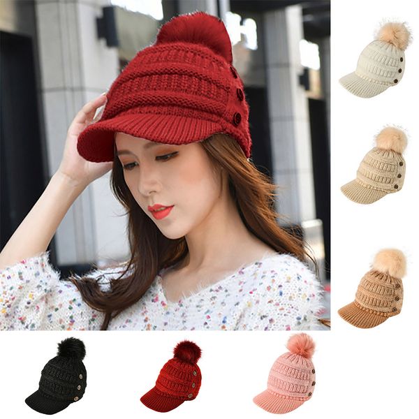 

pompom fur button solid colors gorros women stripe weave winter warm plus velvet headgear lady outdoor thick knit warm hat caps, Blue;gray